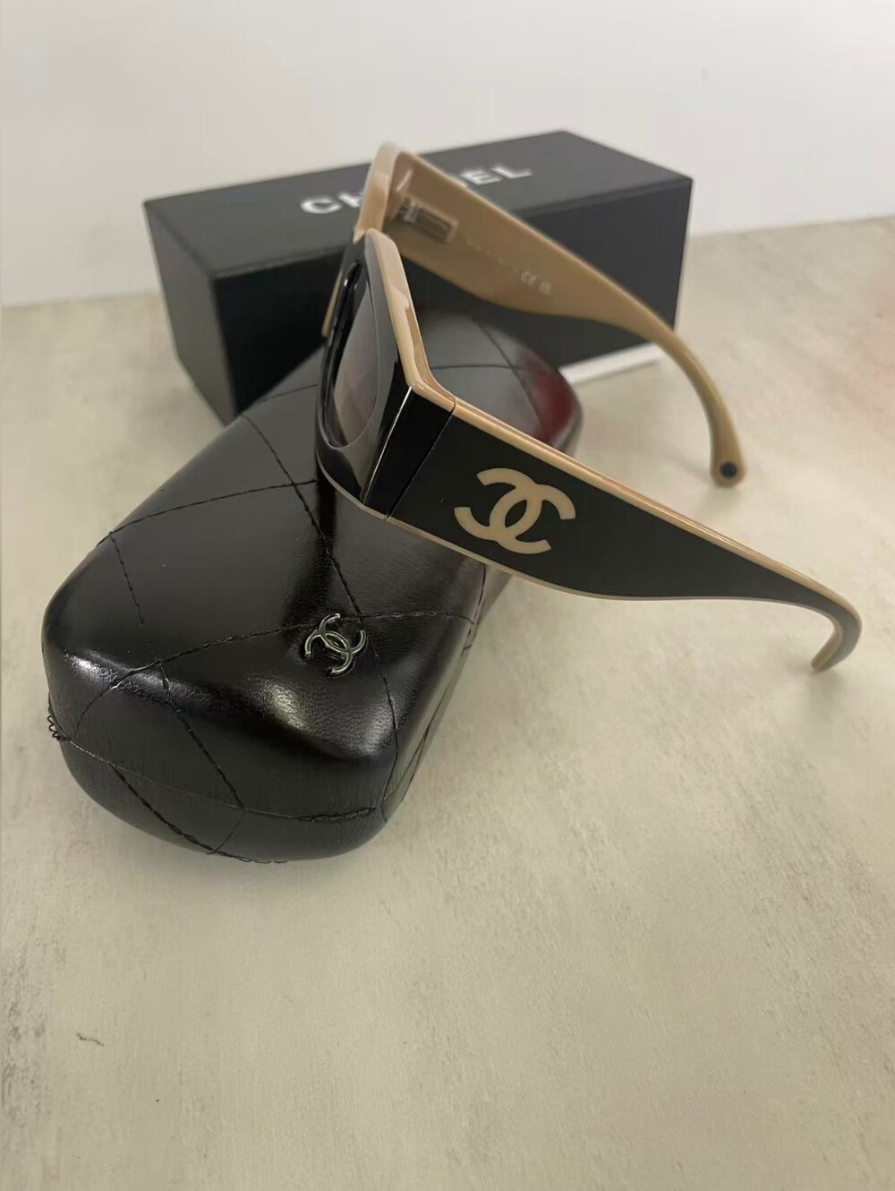 CHANEL Black and Beige CC Logo Wide Frame Sunglasses